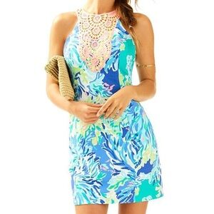 Lilly Pulitzer Pearl Brilliant Blue Wade & Sea Shift Halter Dress Size 0